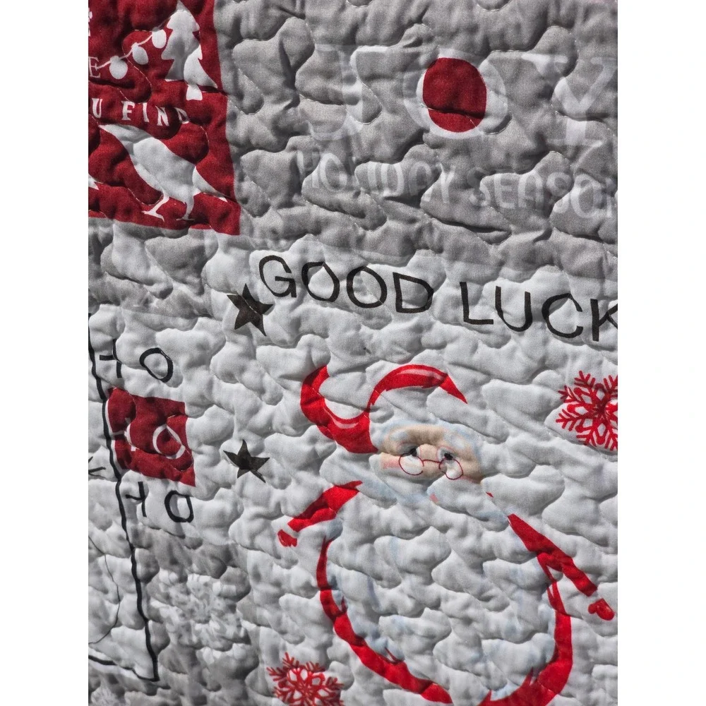 Newspin Christmas Quilt Reversible Santa Reindeer Holiday Patchwork Red Grey